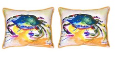 Pair of Betsy Drake Green Crab Large Indoor Outdoor Pillows 16x20