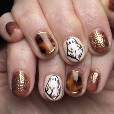 Halloween Party Nail Short Oval Design ABS Spiderweb Gold Accent Matte