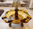 Vintage 70’s Amber Glass Ashtray 3 Leg Wood Stand American Federal Eagle