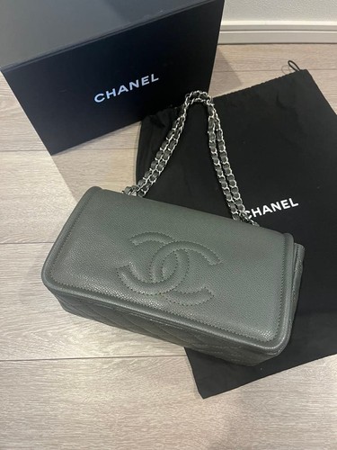 CHANEL Coco Mark Flap Chain Shoulder Bag Caviar Skin Gray Khaki