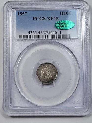 1857 5c Seated Liberty Half Dime PCGS XF45 CAC H10c Green Bean Nice *K437