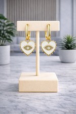 Gold Filled Evil Eye Heart Huggie Earrings  Gold  White Enamel, Protection Jew