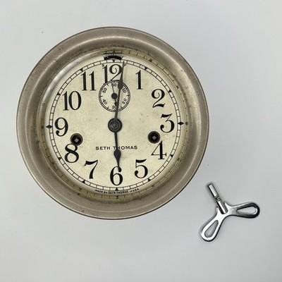 RARE Antique Seth Thomas Merrimac Ship Clock Nickel Case Key Wound Glass Door