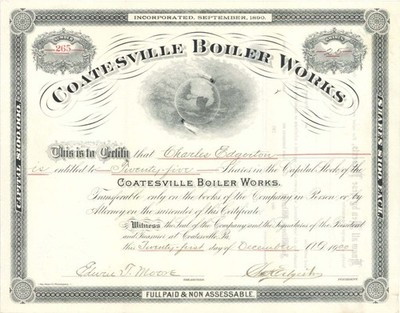 Coatesville Boiler Works - 1900 or 1920 dated Stock Certificate - General Stoc