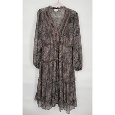 Wonderly Women's Sz L Paisley Broen Print Ruffle Tiered Long Sleeve Maxi Dress