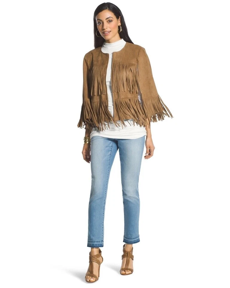 Chicos XS 4 US Black Label Fringe Jacket Top Suede Cognac $179 Cape Vest 8051 - Image 3 of 4