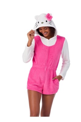 Women's Hello Kitty Romper Pajamas With Hood Pink Cute One Piece Sz L