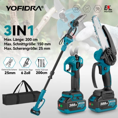 YOFIDRA® 6Zoll Kettensäge 3IN1 Hochentaster Teleskop Astsäge Gartenschere 2Akkus