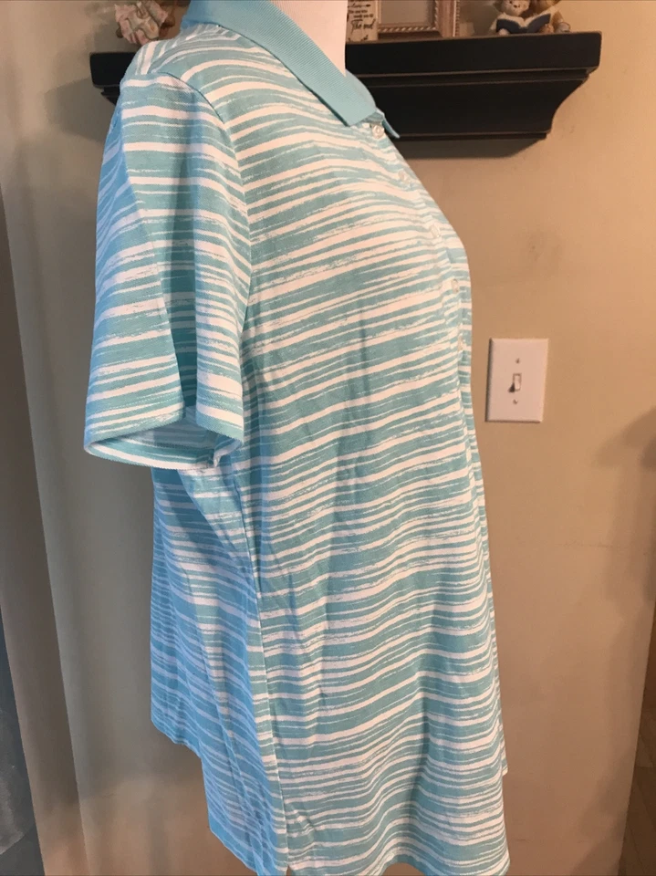 NWOT Kim Rogers Women's Polo Shirt Turquoise & White Stripe Size LARGE - Image 4 of 4