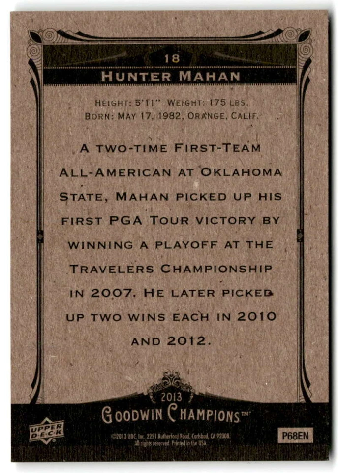 2013 Upper Deck Goodwin Champions #18 Hunter Mahan  Trading Card - Image 2 of 2