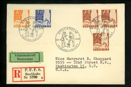 Postal History Sweden Scott #400-403 FDC Pioneers in USA 4/26/1948 Stockholm