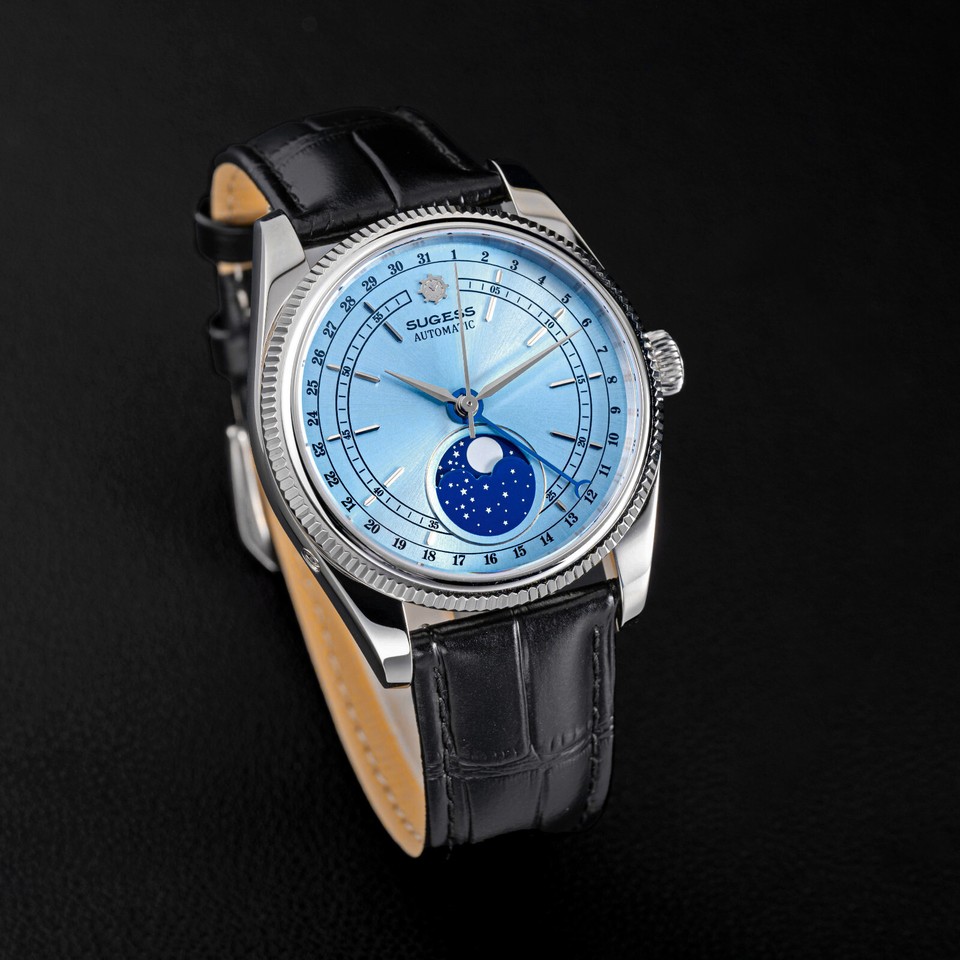 Montre Sugess S452 Automatique Acier Or Rose Phase De Lune Cuir - Neuf