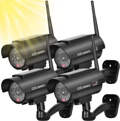 4-PK Solar Powered Fake Security Camera - Dummy Camera with Red Flashing Light