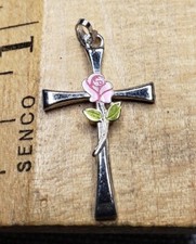Vintage Pendant Medal Sterling Silver Cross Pink Rose Christian H45