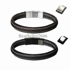 Mens Braided Leather Stainless Steel Magnetic-Buckle Bracelet Fit 8"-8.5" Wrist