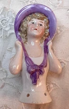Vintage German Porcelain Pin Cushion Doll Purple Hat Half Doll Approx 2.25"H