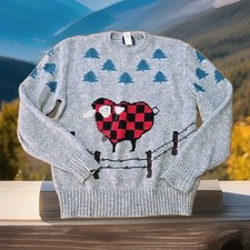 Woolrich Vtg Crewneck Sheep Sweater Womans Size XL 100 Wool Outdoor Trees