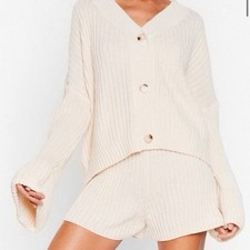 Nasty Gal Rib Knit Cardigan & Shorts Lounge Set Cream White M