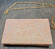 Rose Gold Pink Glitter Box Clutch Purse Hard Shell Evening Prom Bridal Bag Chain