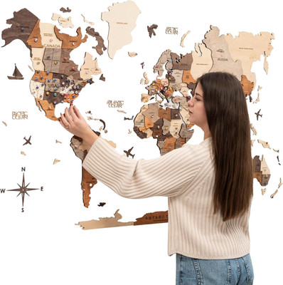 3D Wooden World Map Wall Art - Large Travel Map with Pins for Art Decor - Decora