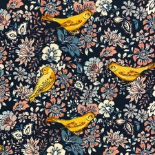 Joann Knit Stretch Fabric Navy Floral Yellow Birds Flowers Print 2 yds 60"