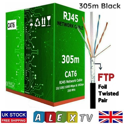 305m CAT6 FTP 4Paar Ethernet Netzwerk RJ45 Gigabit Kabel Rolle Zugrolle Box schwarz