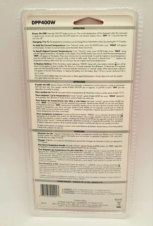 Cooper Atkins DPP400W Termómetro Digital de Cocina Impermeable Nuevo Foto 2 de 4