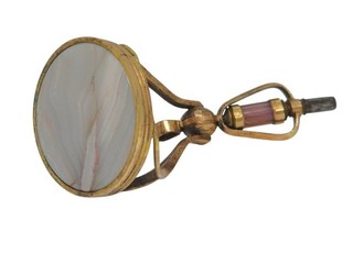 Unusual Victorian folding Pocket Watch Fob Key 1850s Banded Agate berry Quartz