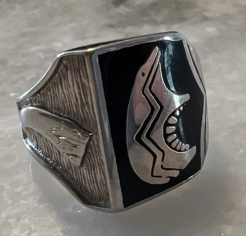 G&S Vintage Sliver  Biker Ring Black Agate Bear Size 10
