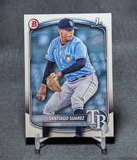 Santiago Suarez 1st Prospect Rookie 2025 Bowman Card #BP-142 Tampa Bay Rays. rookie card picture