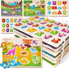 SYNARRY Wooden Puzzles for Toddlers 6 Set Alphabet Number Shape Animal Learning