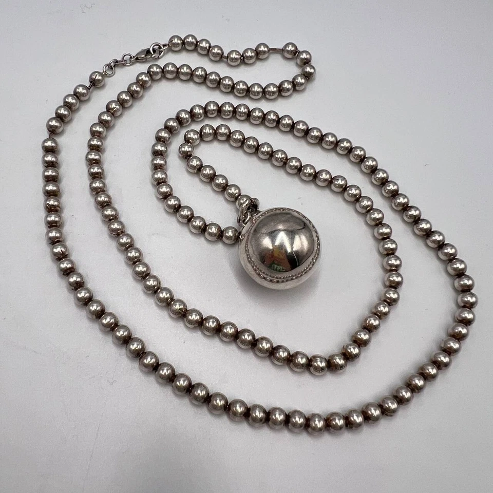Collar Largo Colgante Vintage Plata de Ley 925 Unisex Cuentas Bola Brillante 62 gr Foto 2 de 4