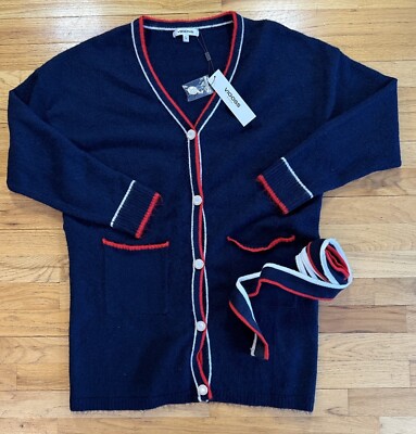 NWT Vigoss Blue Cardigan with Belt Red + White Accent Colors Size L