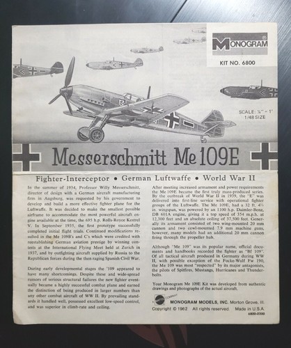VTG MONOGRAM MODEL MESSERSCHMITT ME109E KIT 6800-0200 1:48 INSTRUCTIONS ONLY