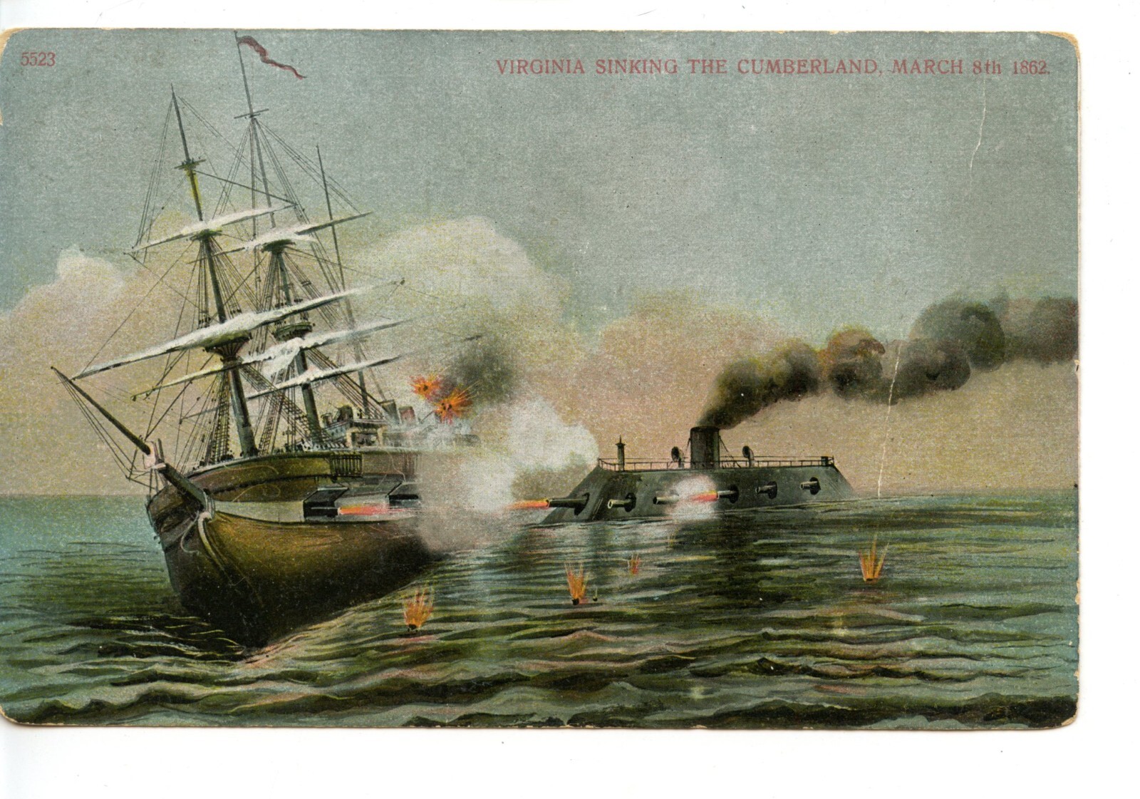Virginia Sinking the Cumberland ShipHistoric 1862 BattleVintage 1909