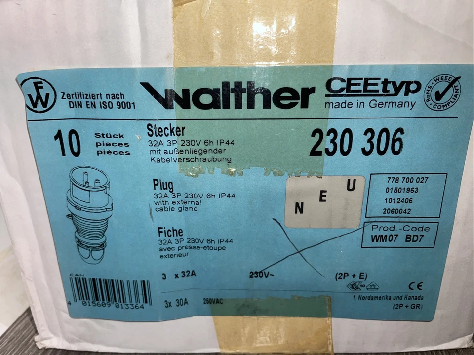 WALTHER 32A 230306 P2+E 230V PLUG IP44 single phase commando plug - Image 4 of 4