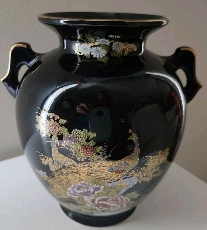 Vintage JAPAN Vase 7" Painted Peacock & Floral Black Gold+ 