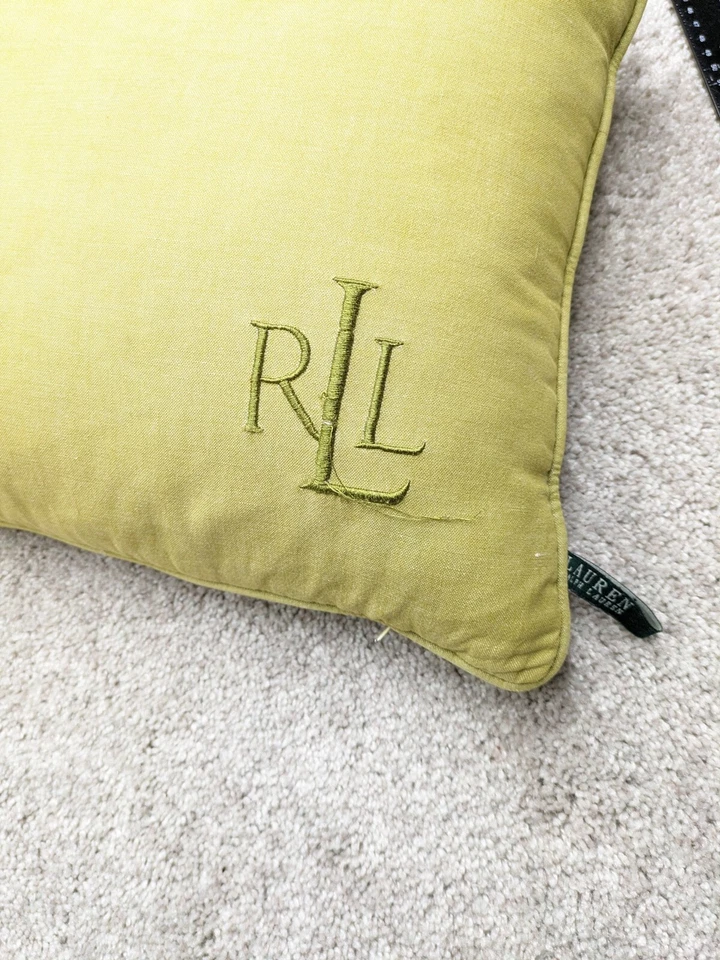 复古 Lauren Ralph Lauren LRL 扔枕鸭绒绿色卡其色刺绣 — 第 2/4 张图片