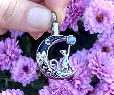 Cremation Jewelry Pendant Urn Ashes Silver Cat Moon Stone Memorial Gift Kitten