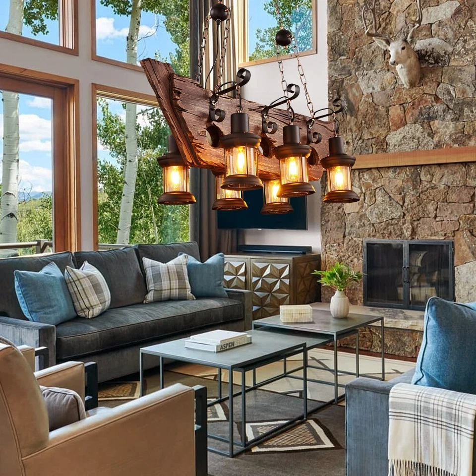 Lámpara de araña retro de madera en forma de barco, 6 soportes de lámpara E26 sin fuente de luz Foto 4 de 4