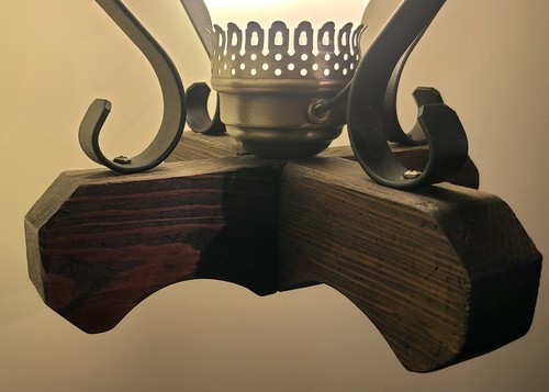 MID-CENTURY CEILING FIXTURE WESTERN SALOON SWAG LAMP SPANISH MEDIEVAL IRON WOOD - Picture 3 of 9