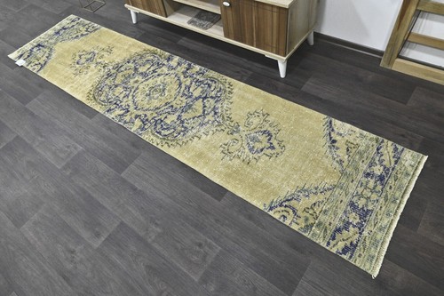 Vintage Turkish Runner Rug 2x9ft BEIGE Handmade Anatolian Oushak Hallway Wool