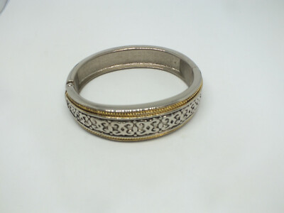Beautiful Clamp Bracelet Silver Gold Tone Texture 3/4'' Wide Taper x 2 3/8'' Acros