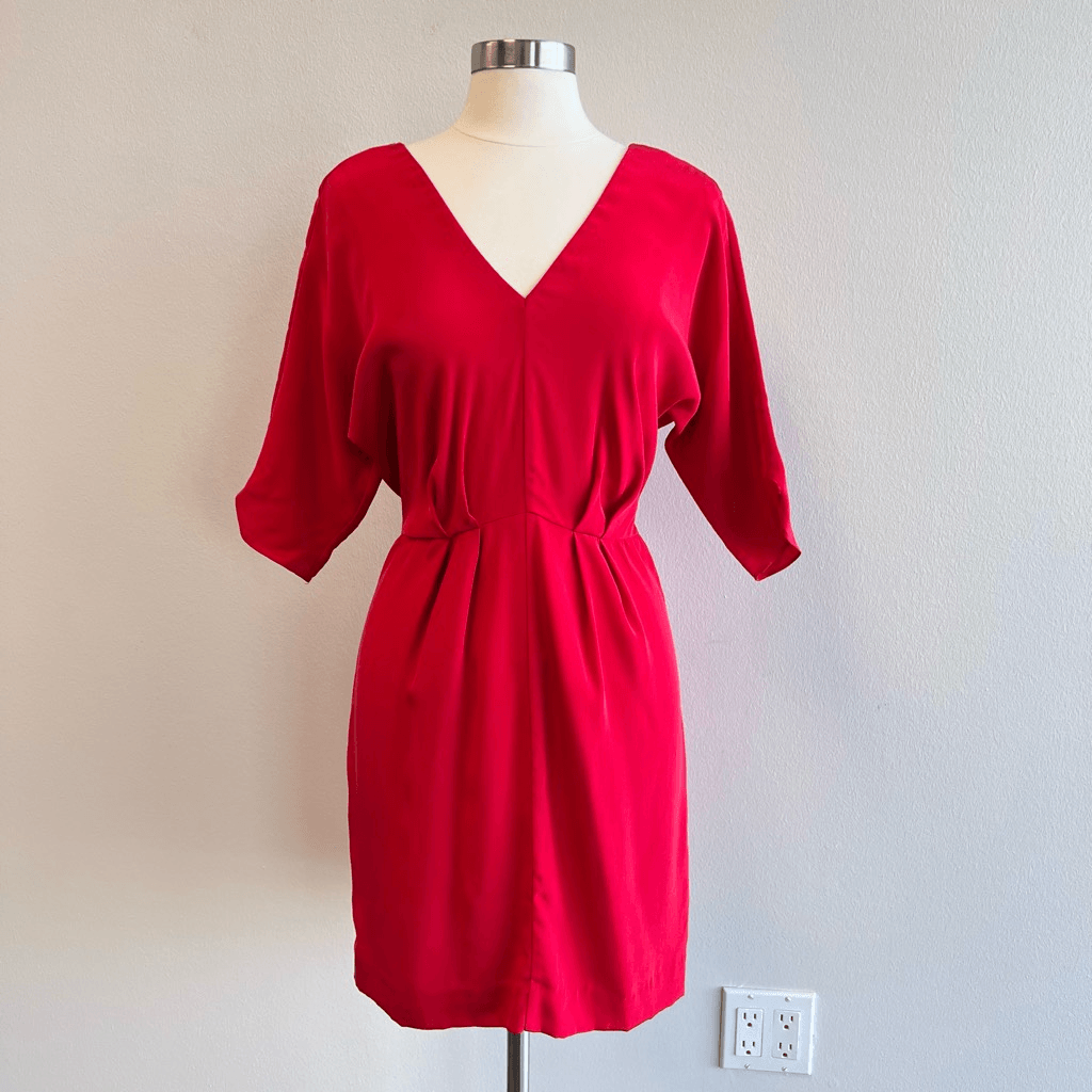 Revolve Milly Womens 6 100% Silk Dress Red V Neck Pleated Waist Back Zipper