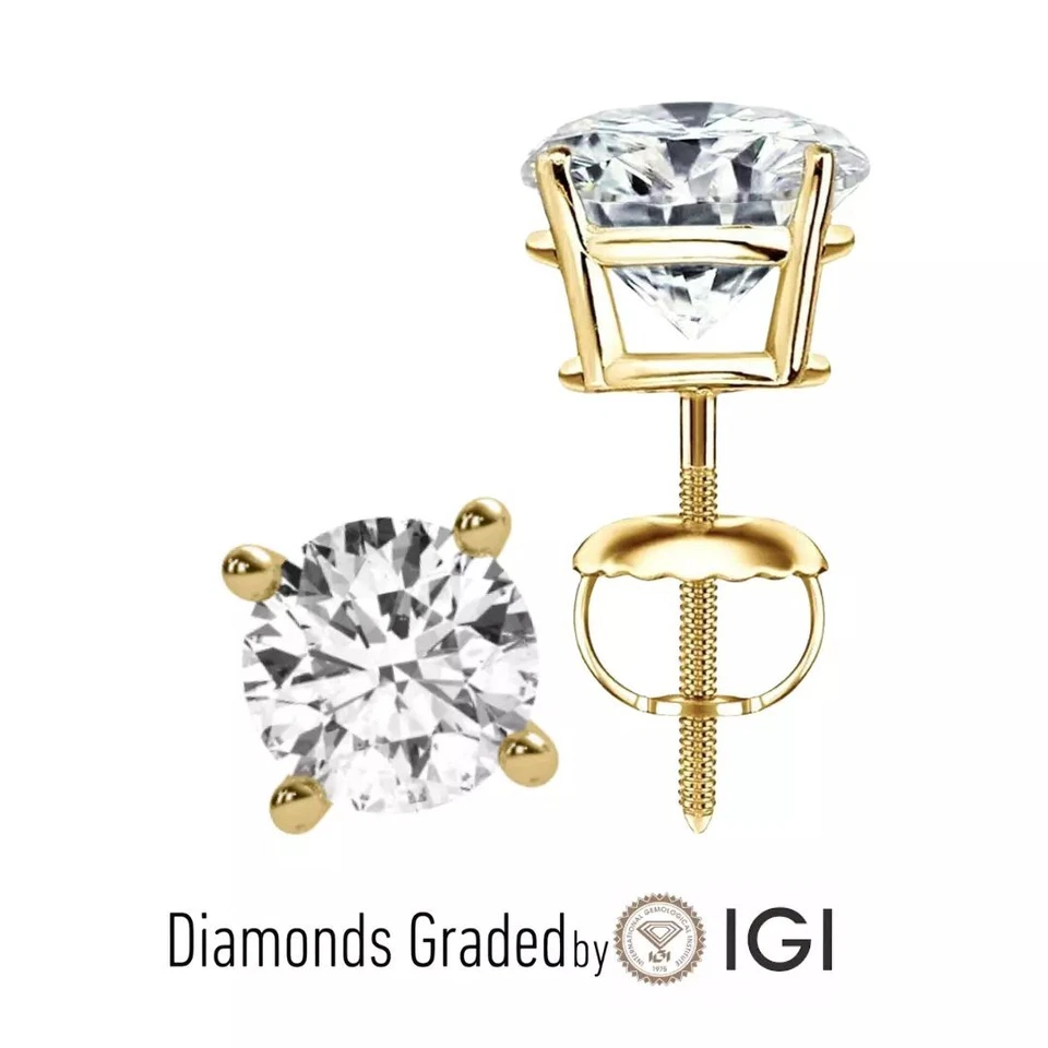 IGI Certified E VS1 4 Carat Lab Grown Diamond Stud Earrings 14K Yellow Gold