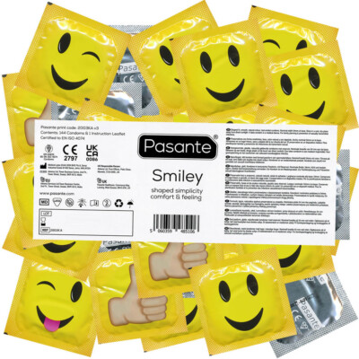 Pasante Smiley Vorratspack 144 witzige Kondome mit Emojis und 66mm Kopfteil