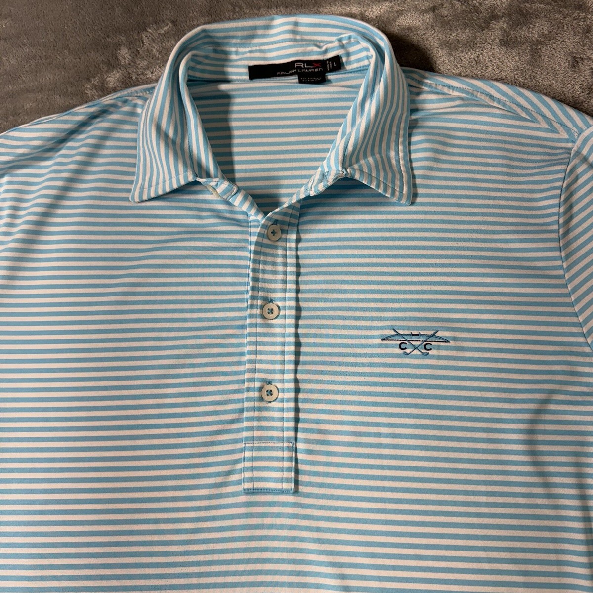 RLX Ralph Lauren Polo Shirt Adult Light Blue Striped Golf RLX Ralph Lauren Polo Shirt Adult Light Blue Striped Golf