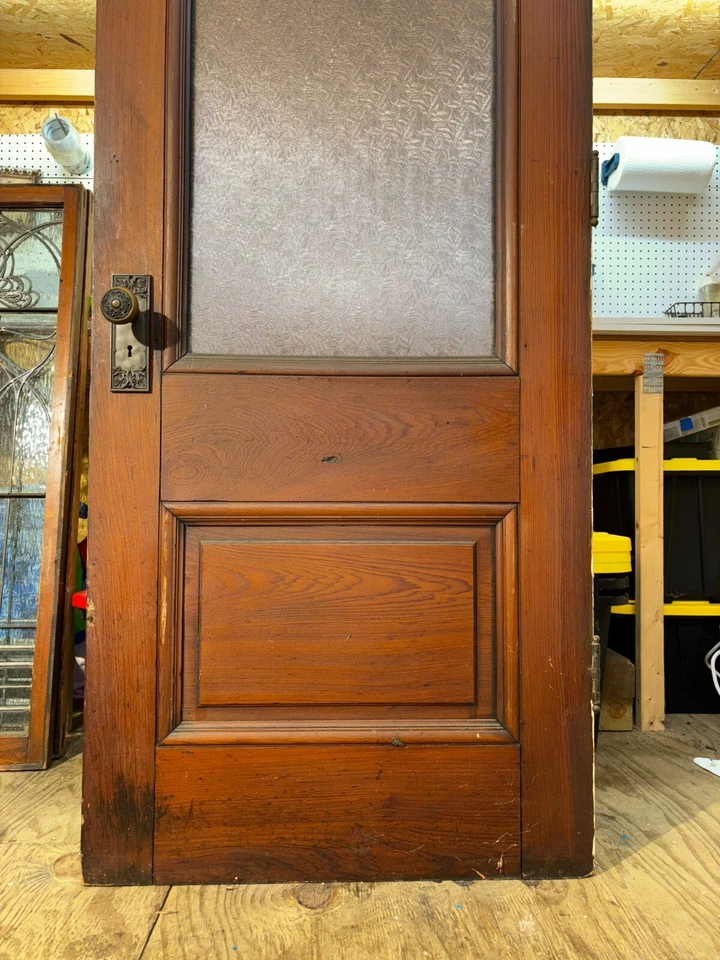 Puerta y luces laterales antiguas coloniales de vidrio y roble 32x83 florentinas Foto 3 de 4
