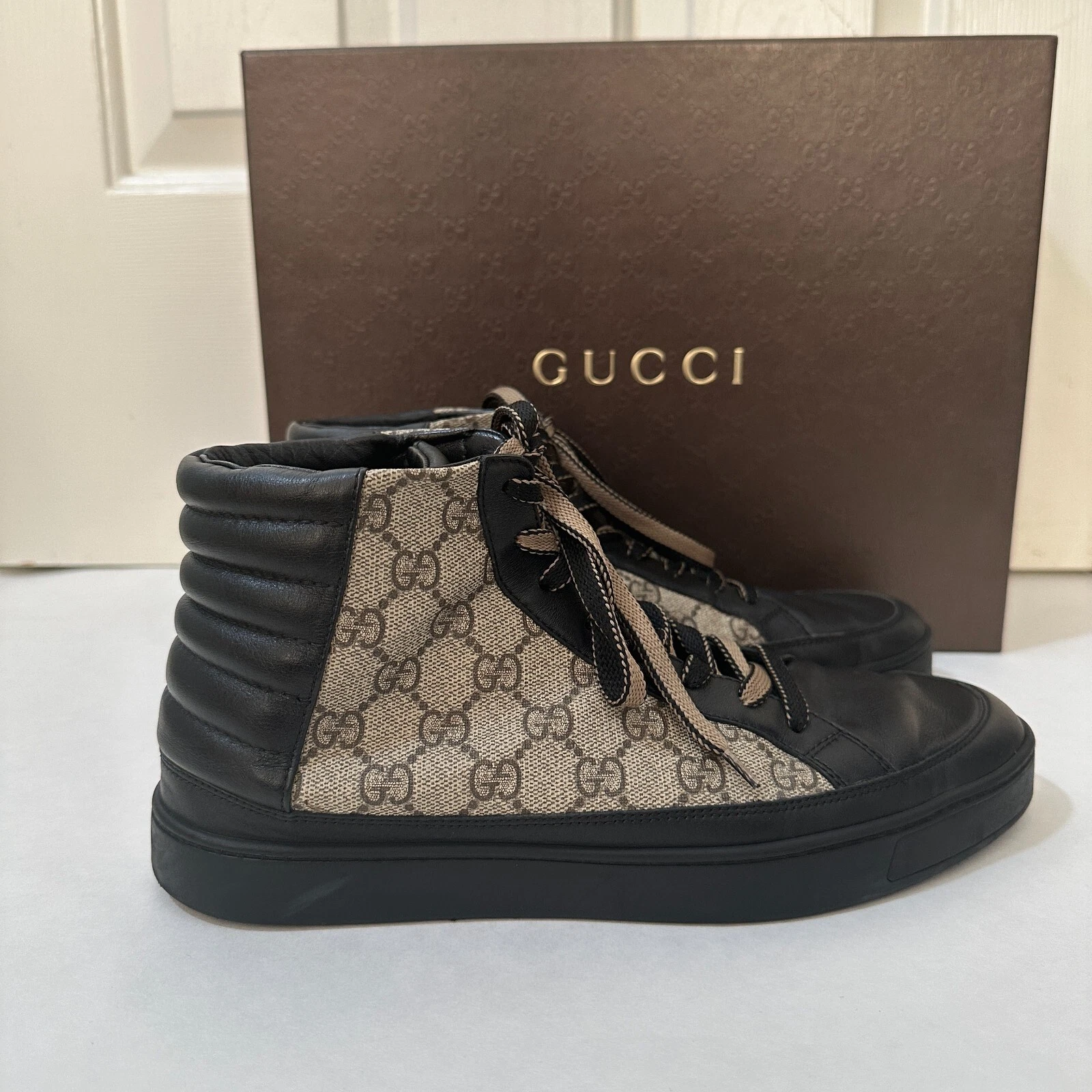 Baskets en cuir noir marron Gucci GG Supreme pour hommes taille États Unis 8,5 avec boîte