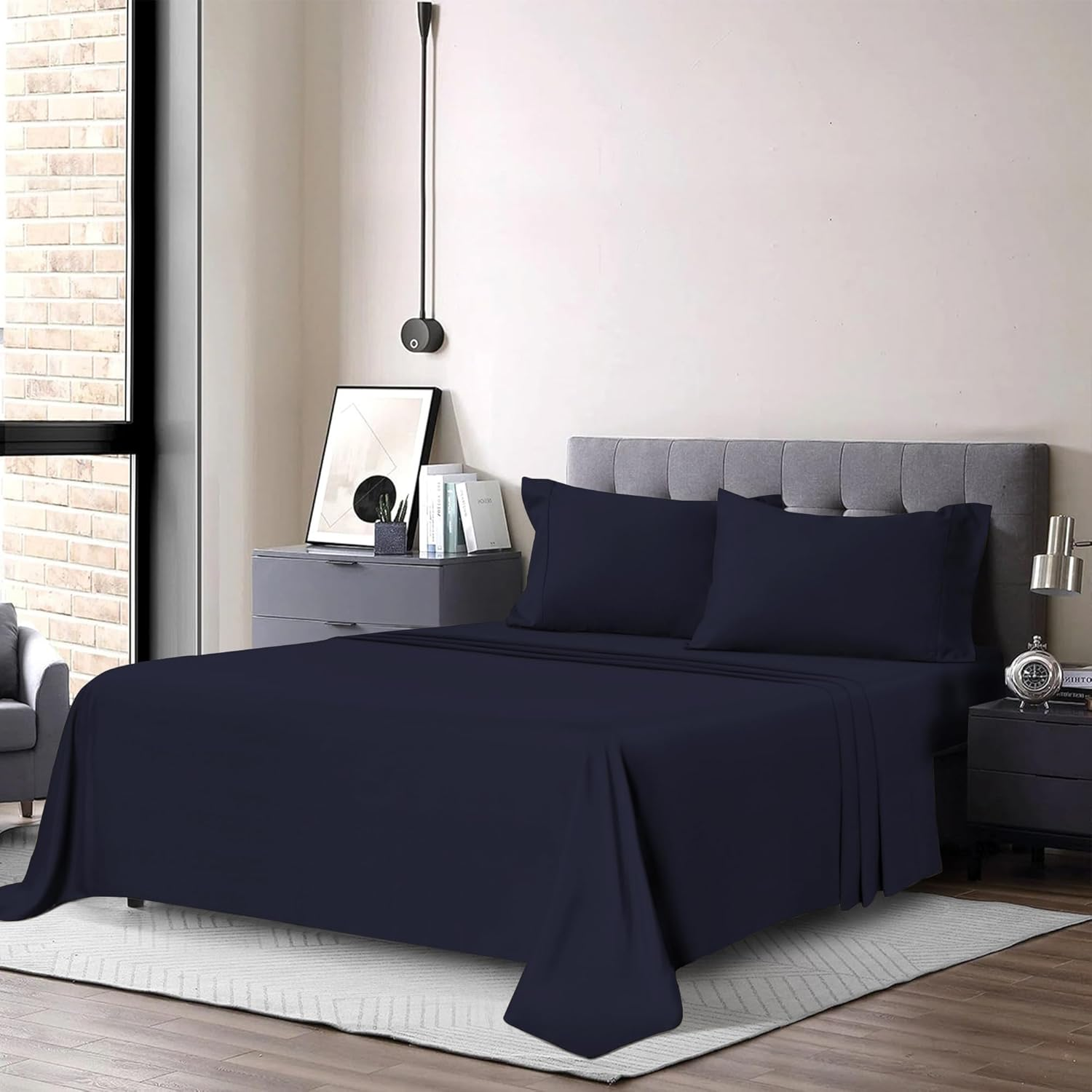 Navy Queen Sheet Set - 4 Piece Brushed Microfiber Summer Bed Sheets for Queen Si